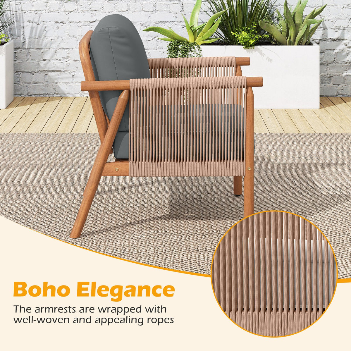 Patio Acacia Wood Chair Set of 4 with Woven Rope Armrests and Seat Back Cushions for Backyard-Gray view 6