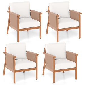 Patio Acacia Wood Chair Set of 4 with Woven Rope Armrests and Seat Back Cushions for Backyard-White