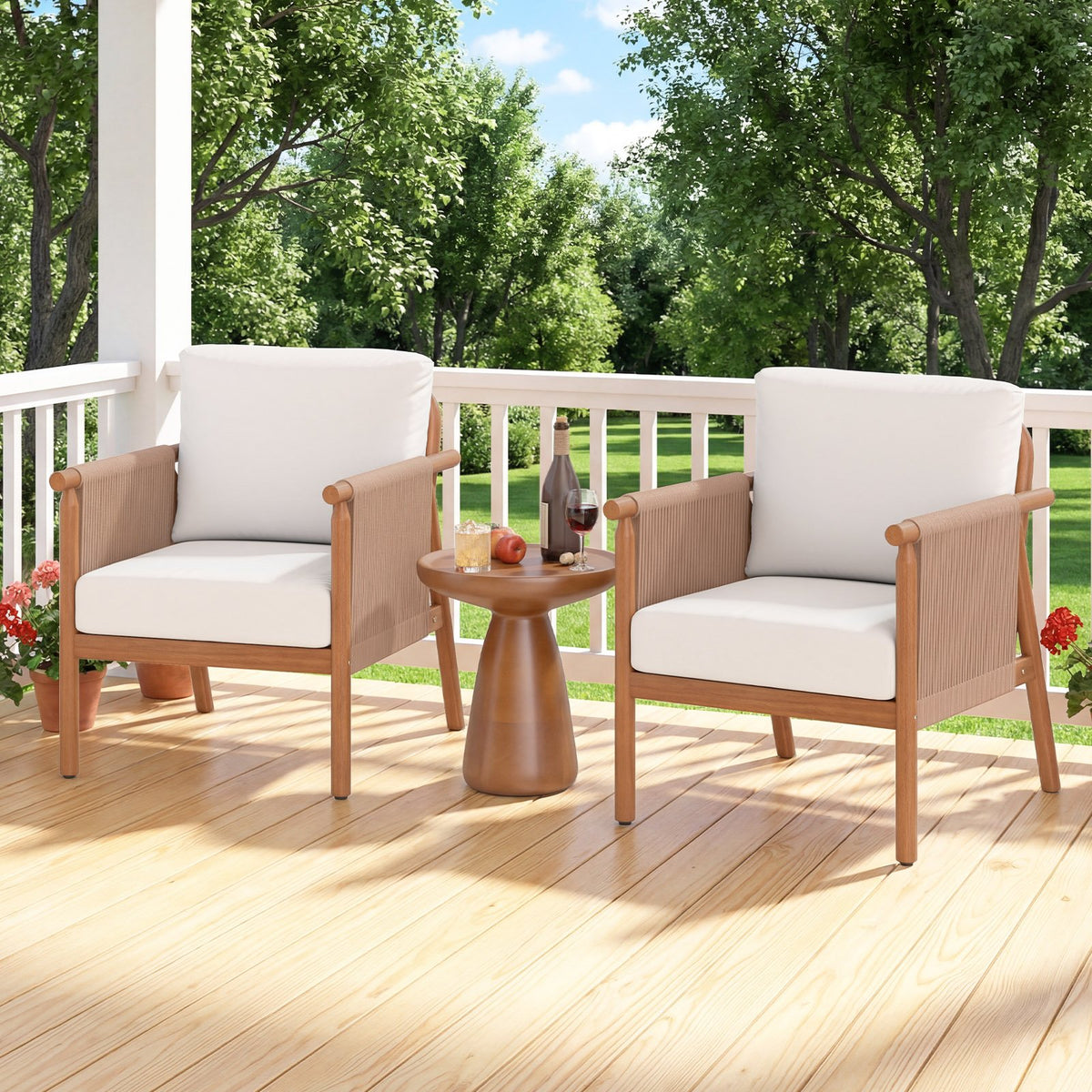 Patio Acacia Wood Chair Set of 4 with Woven Rope Armrests and Seat Back Cushions for Backyard-White view 2