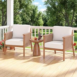 Patio Acacia Wood Chair Set of 4 with Woven Rope Armrests and Seat Back Cushions for Backyard-White view 2