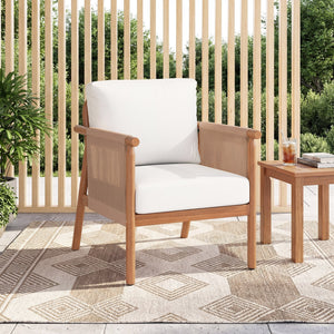 Patio Acacia Wood Chair Set of 4 with Woven Rope Armrests and Seat Back Cushions for Backyard-White view 3