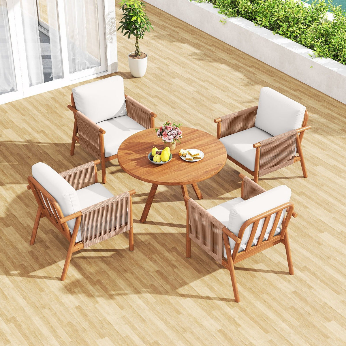 Patio Acacia Wood Chair Set of 4 with Woven Rope Armrests and Seat Back Cushions for Backyard-White view 5