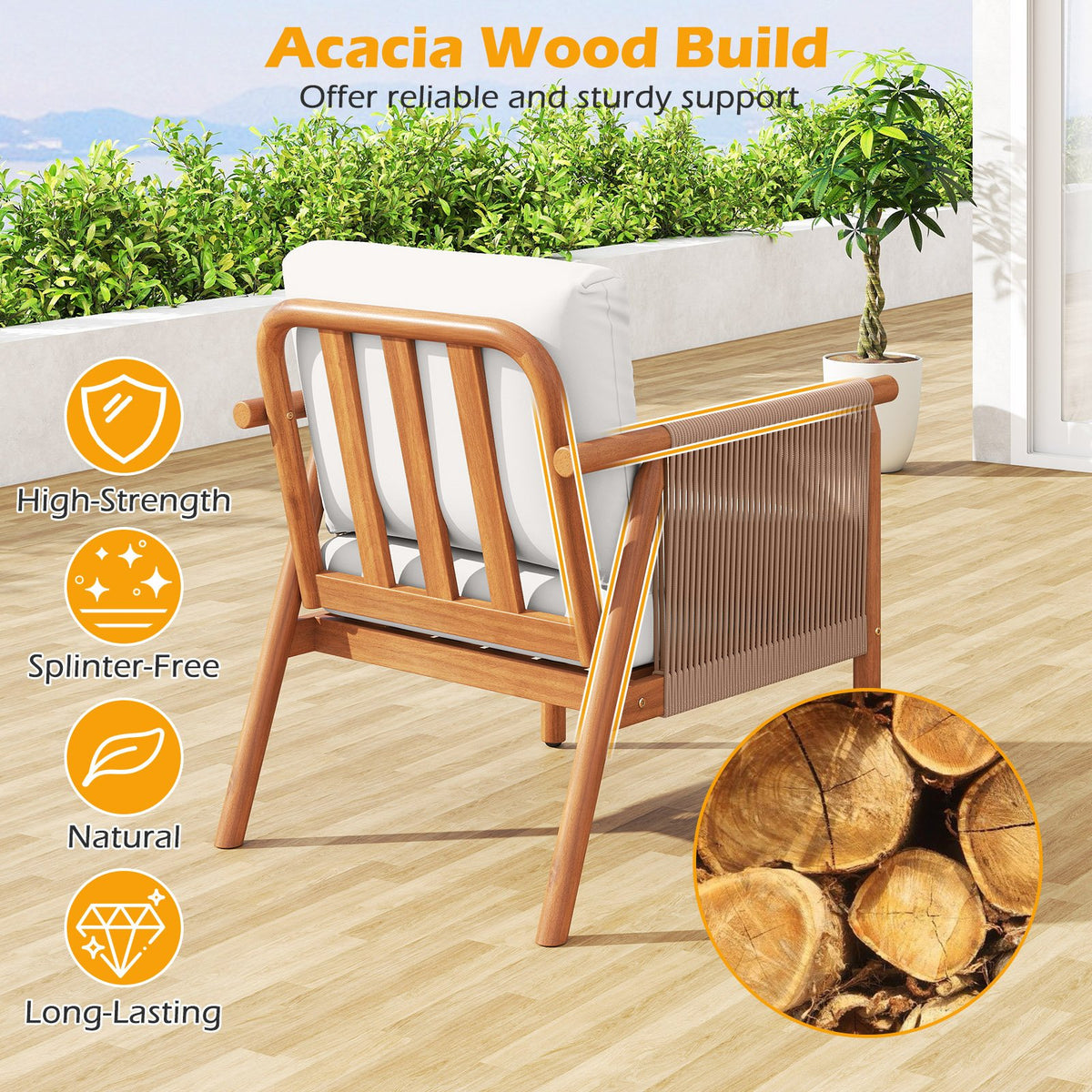 Patio Acacia Wood Chair Set of 4 with Woven Rope Armrests and Seat Back Cushions for Backyard-White view 7