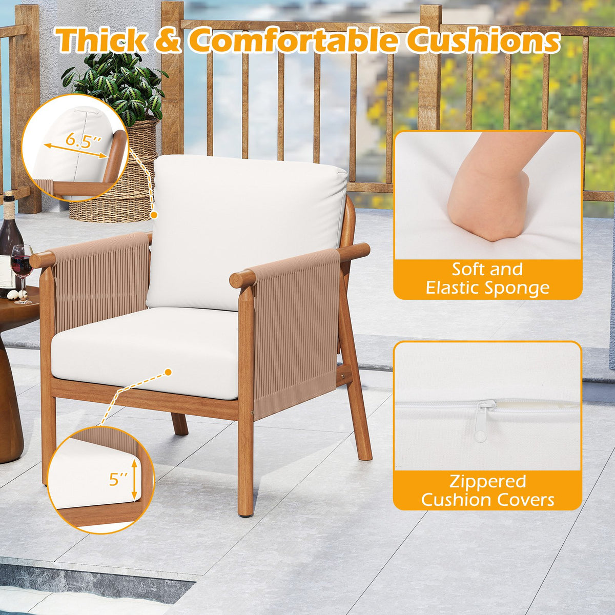 Patio Acacia Wood Chair Set of 4 with Woven Rope Armrests and Seat Back Cushions for Backyard-White view 8