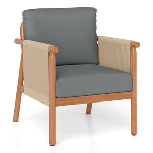 Patio Acacia Wood Chair with Woven Rope Armrests and Seat Back Cushions for Backyard-Gray