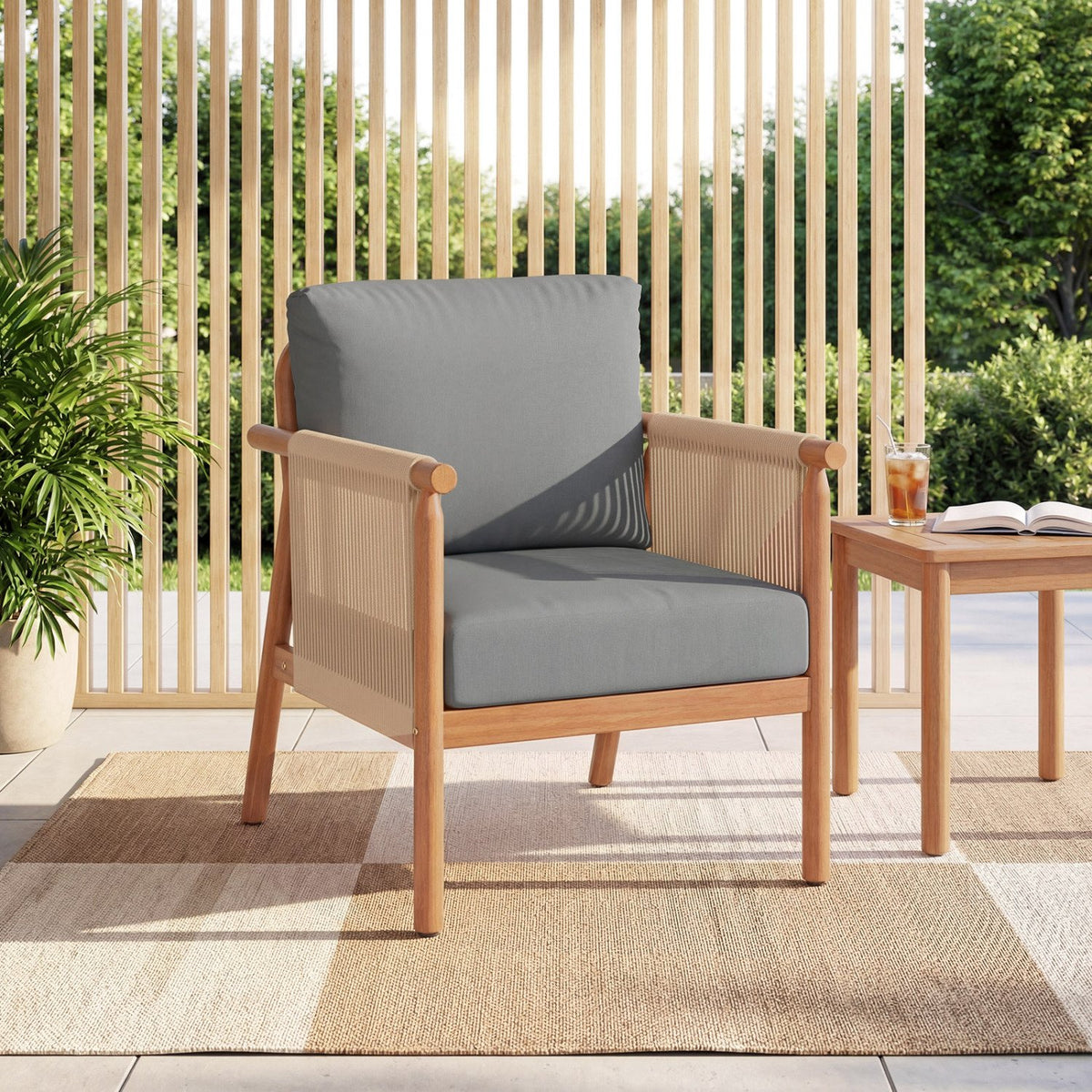 Patio Acacia Wood Chair with Woven Rope Armrests and Seat Back Cushions for Backyard-Gray view 2