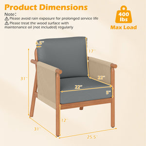 Patio Acacia Wood Chair with Woven Rope Armrests and Seat Back Cushions for Backyard-Gray view 4