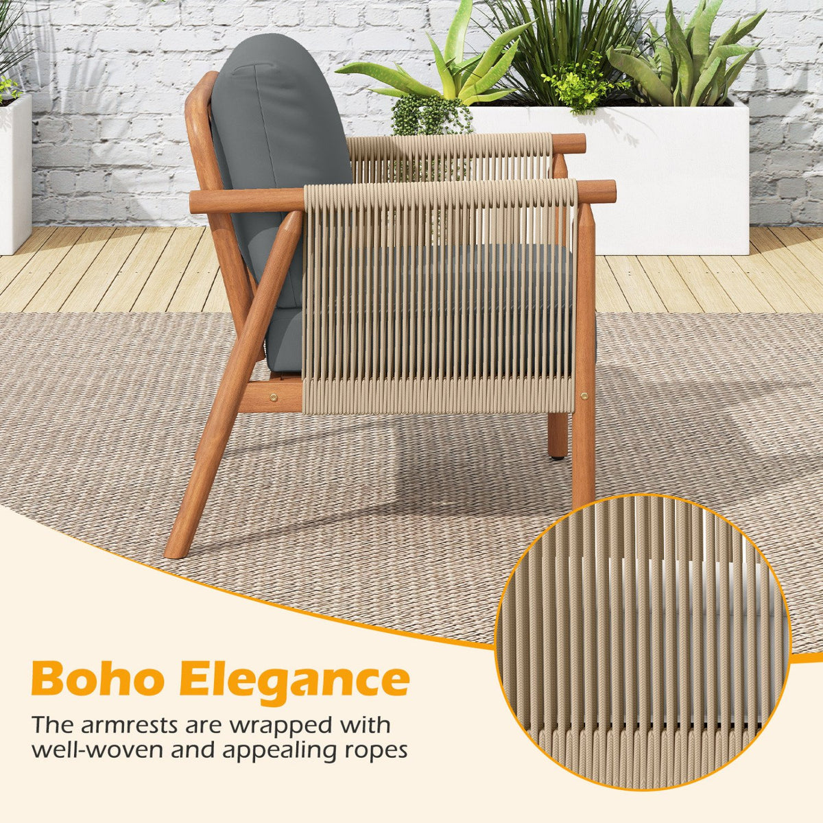 Patio Acacia Wood Chair with Woven Rope Armrests and Seat Back Cushions for Backyard-Gray view 6