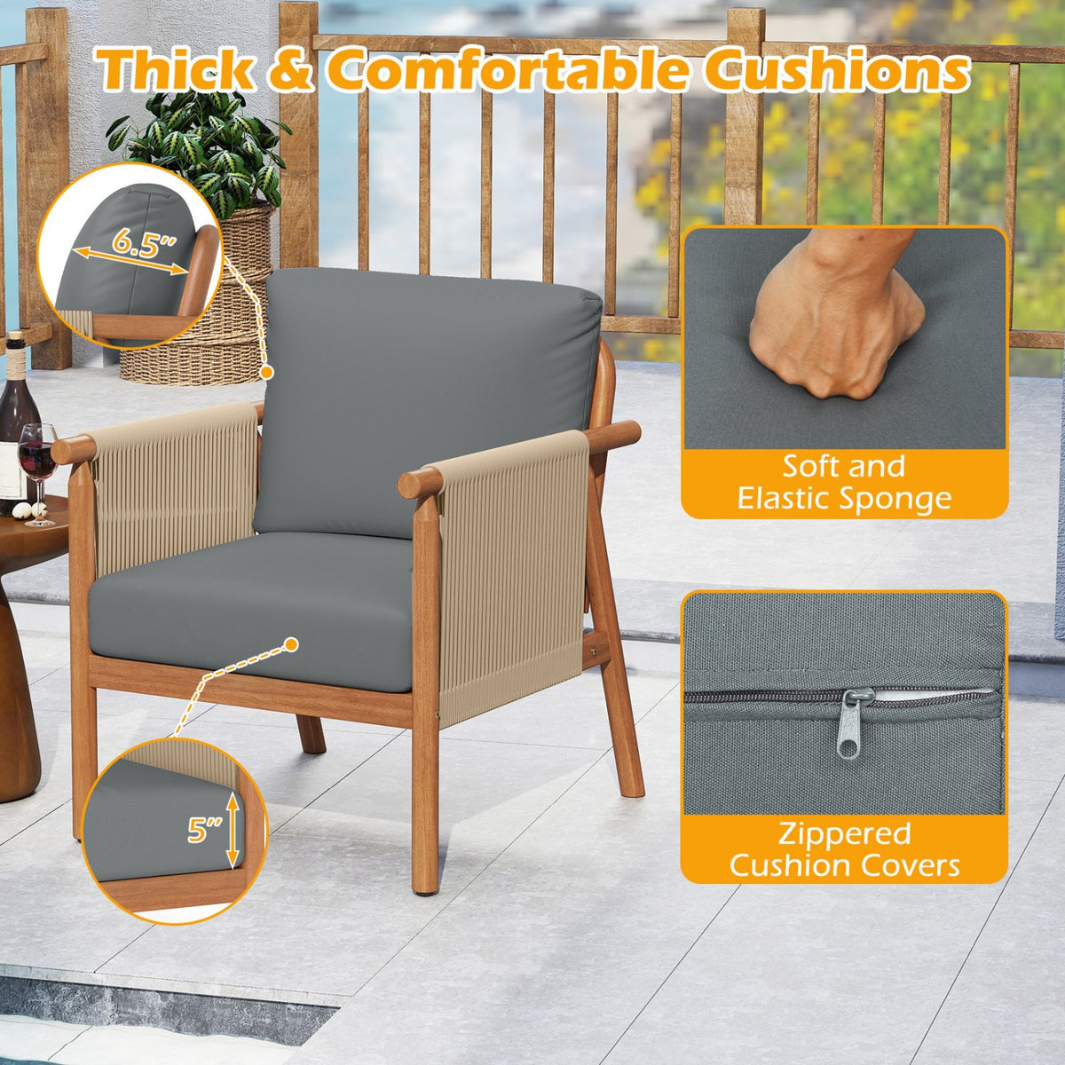 Patio Acacia Wood Chair with Woven Rope Armrests and Seat Back Cushions for Backyard-Gray view 8