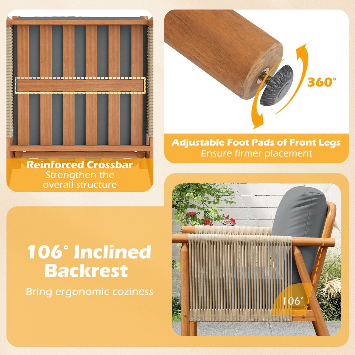 Patio Acacia Wood Chair with Woven Rope Armrests and Seat Back Cushions for Backyard-Gray view 9