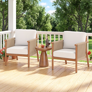 Patio Acacia Wood Chair with Woven Rope Armrests and Seat Back Cushions for Backyard-White view 3