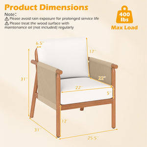 Patio Acacia Wood Chair with Woven Rope Armrests and Seat Back Cushions for Backyard-White view 4