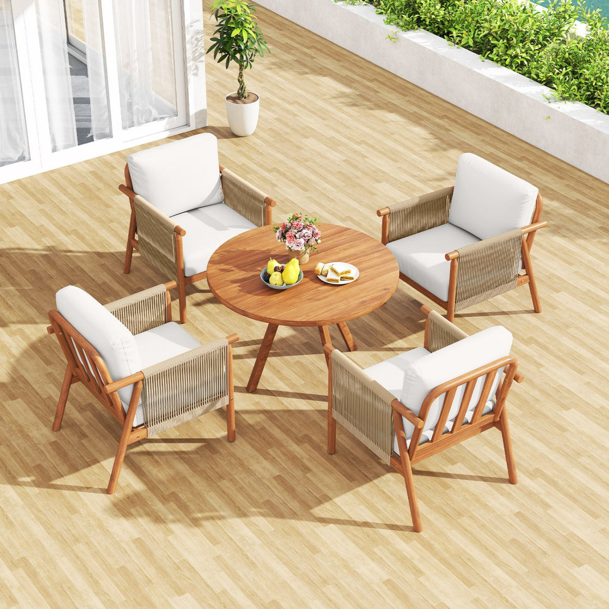 Patio Acacia Wood Chair with Woven Rope Armrests and Seat Back Cushions for Backyard-White view 5