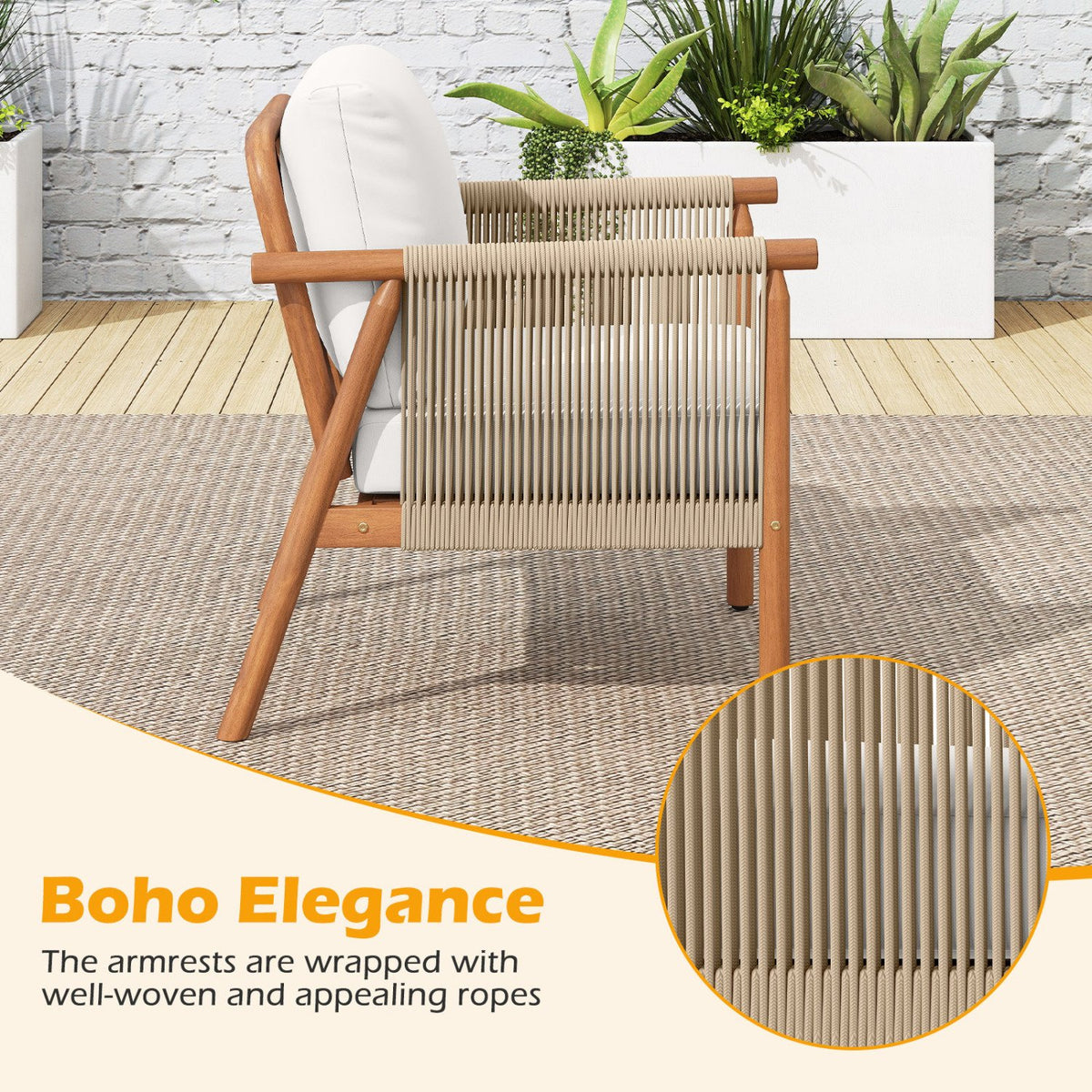 Patio Acacia Wood Chair with Woven Rope Armrests and Seat Back Cushions for Backyard-White view 6