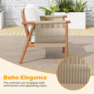 Patio Acacia Wood Chair with Woven Rope Armrests and Seat Back Cushions for Backyard-White view 6