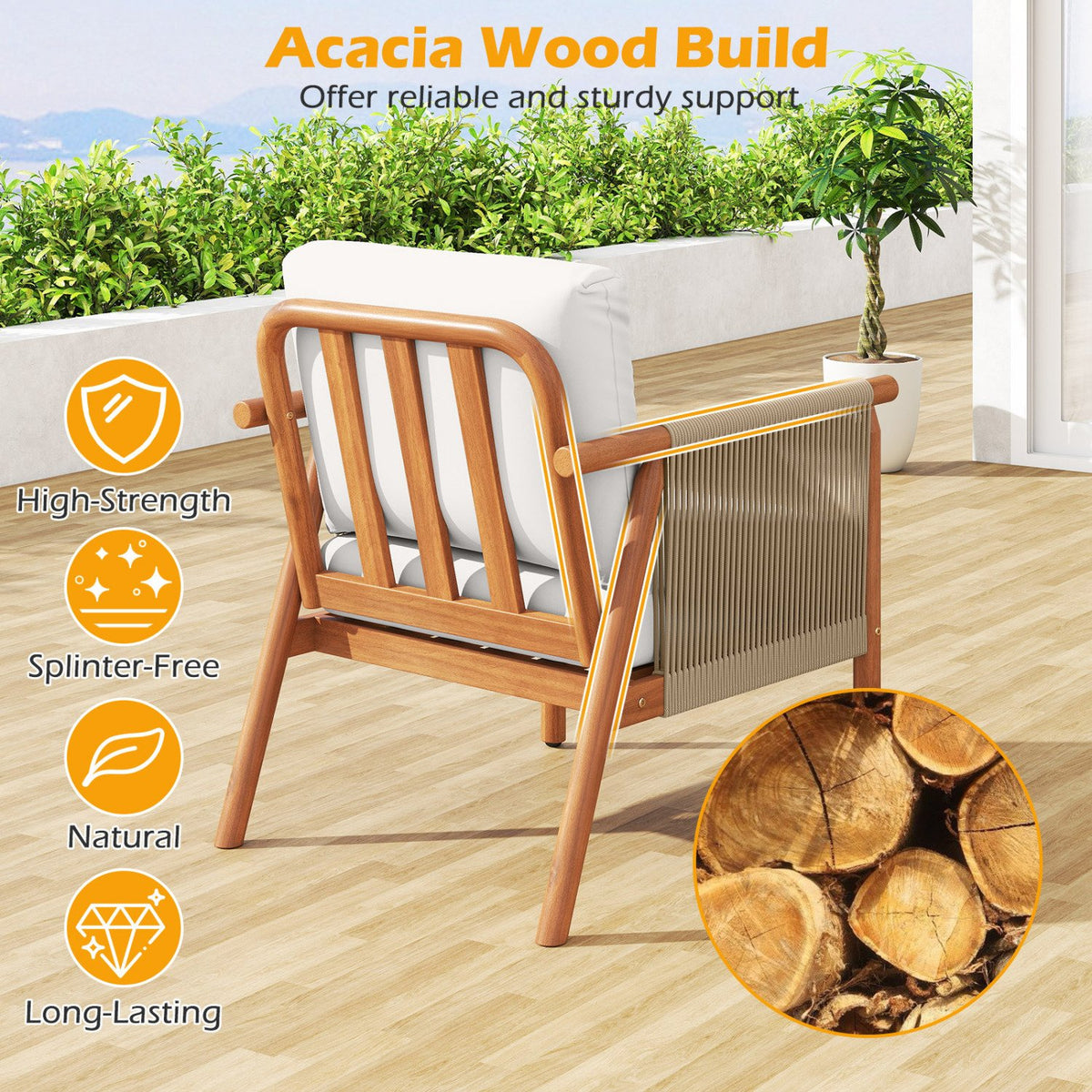 Patio Acacia Wood Chair with Woven Rope Armrests and Seat Back Cushions for Backyard-White view 7