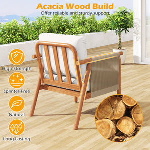 Patio Acacia Wood Chair with Woven Rope Armrests and Seat Back Cushions for Backyard-White view 7