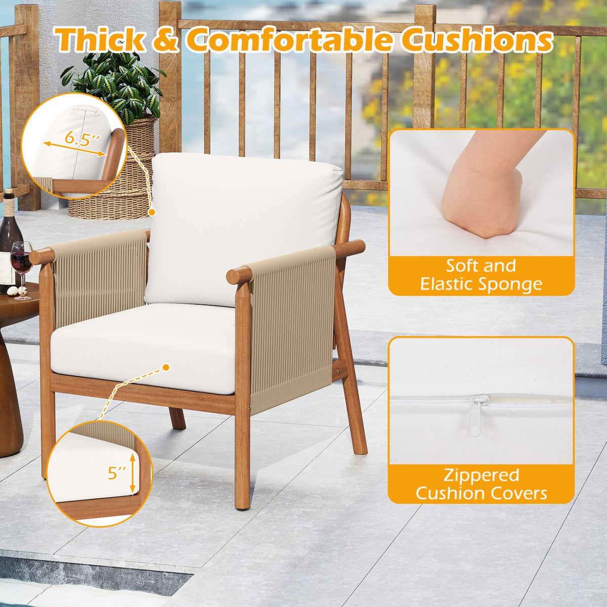 Patio Acacia Wood Chair with Woven Rope Armrests and Seat Back Cushions for Backyard-White view 8
