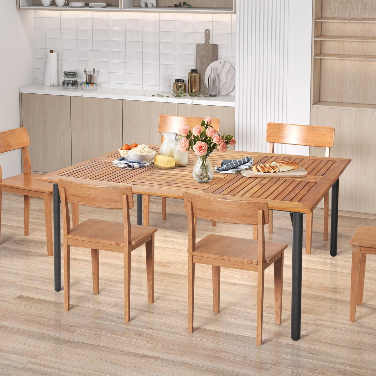 Patio Acacia Wood Dining Table with Umbrella Hole and Metal Legs view 3