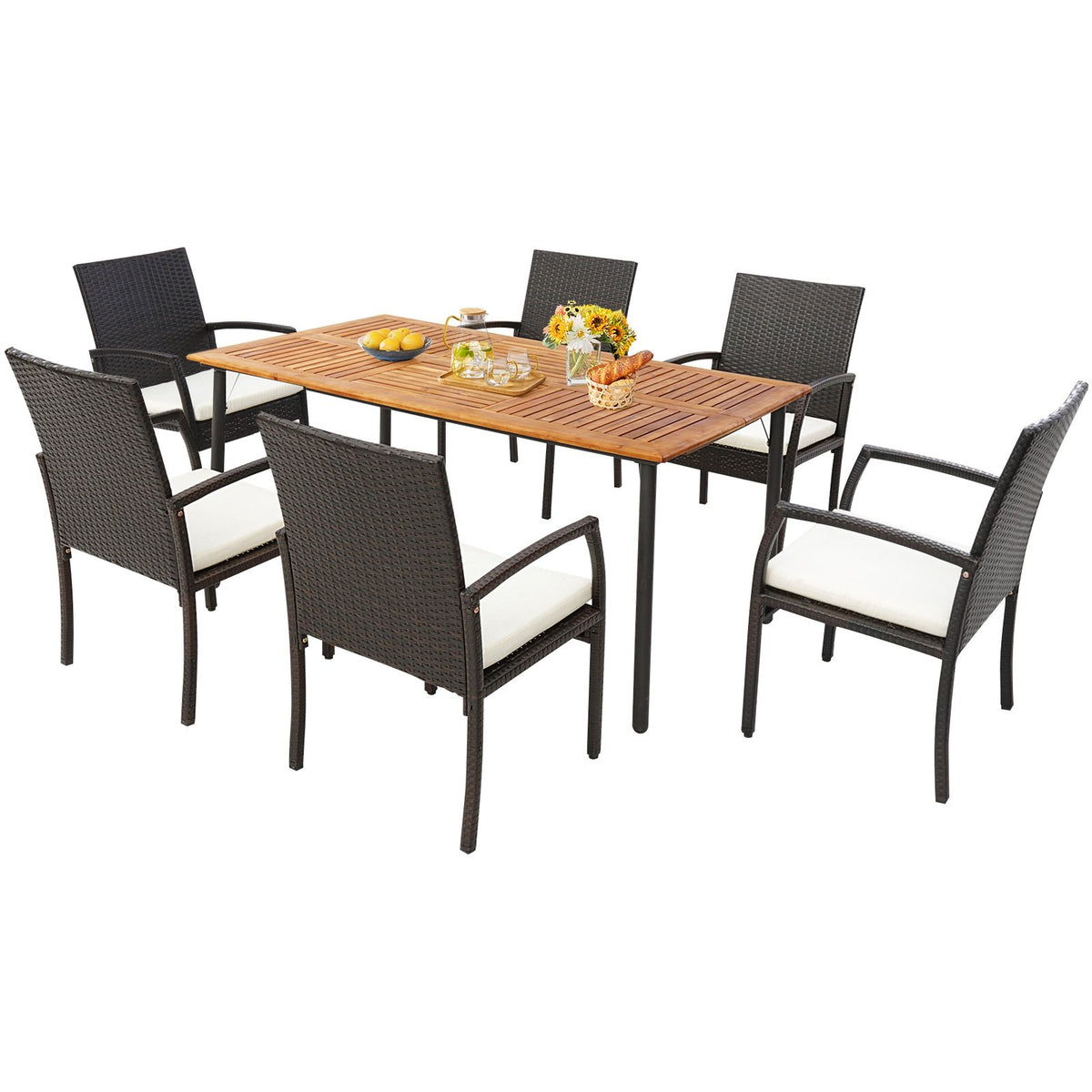 Patio Acacia Wood Dining Table with Umbrella Hole and Metal Legs view 7