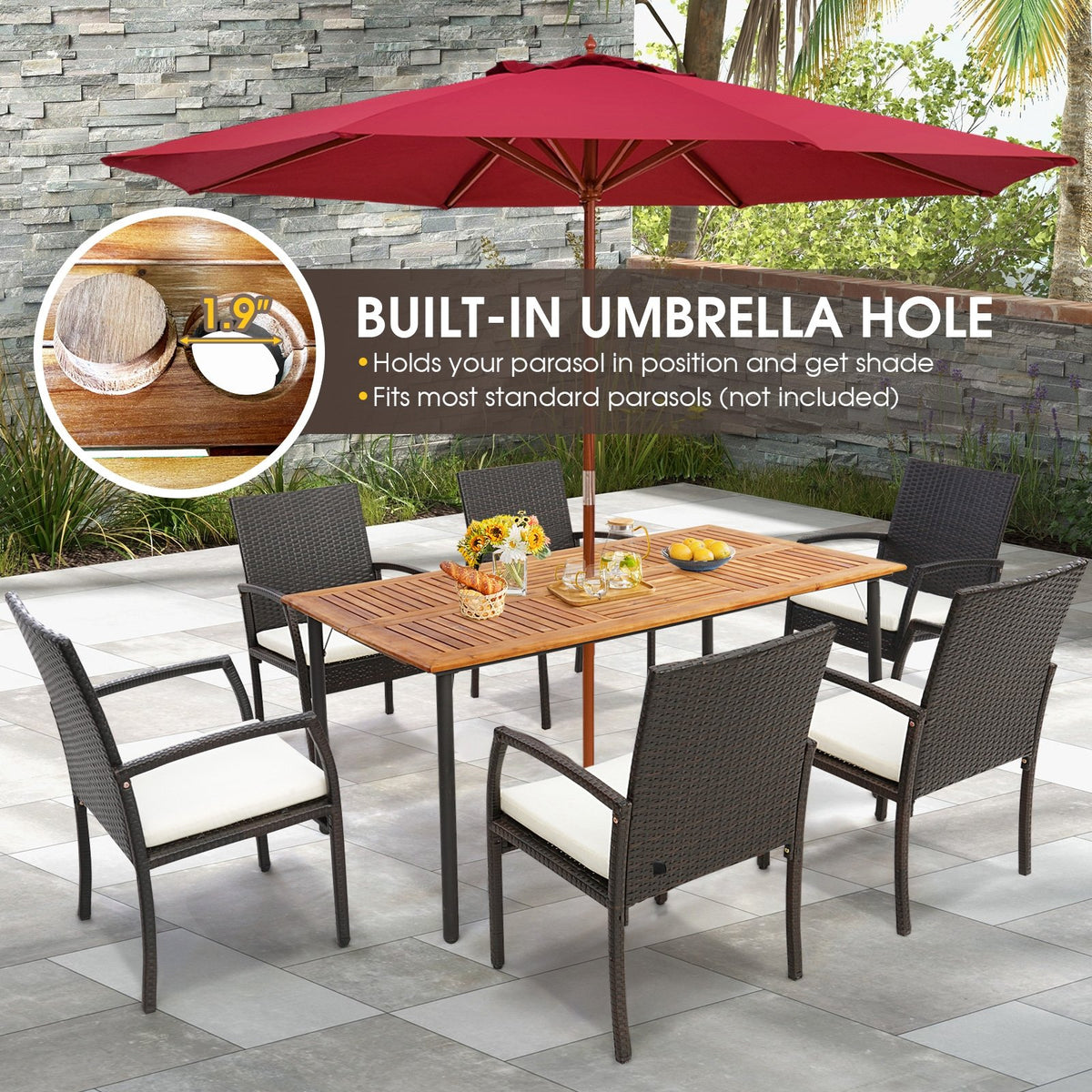 Patio Acacia Wood Dining Table with Umbrella Hole and Metal Legs view 8