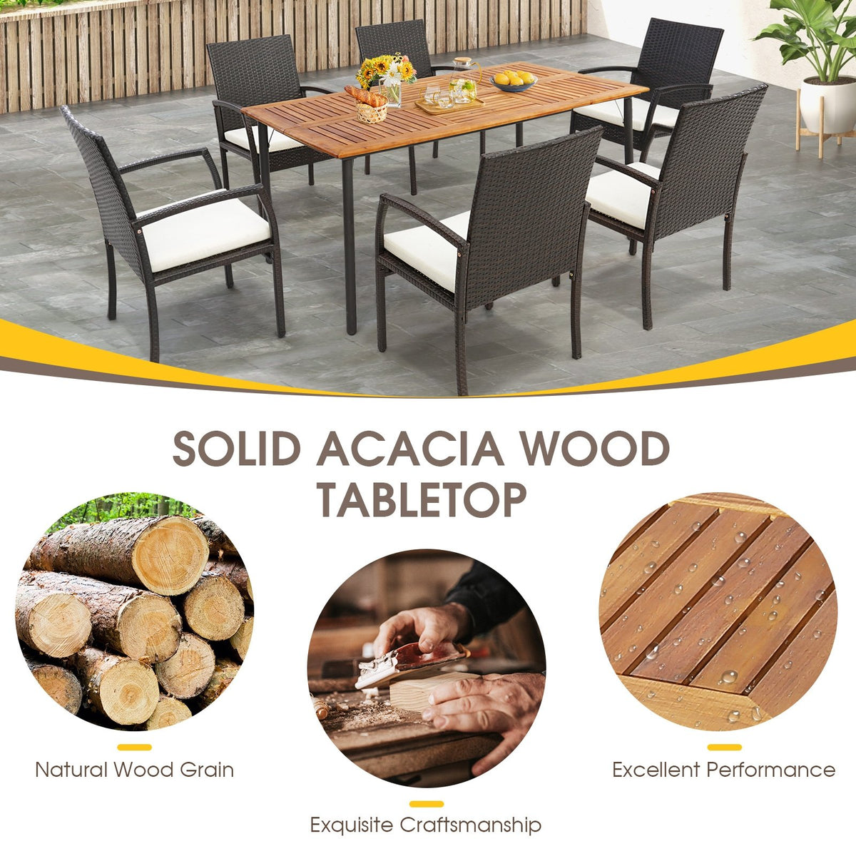 Patio Acacia Wood Dining Table with Umbrella Hole and Metal Legs view 9