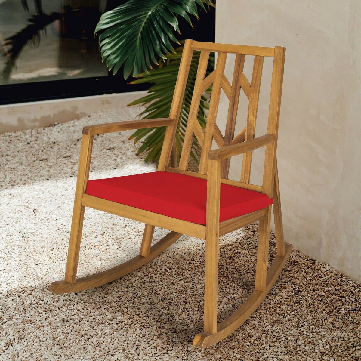 Patio Acacia Wood Rocking Chair Sofa with Armrest and Cushion for Garden and Deck-Red view 2