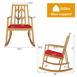 Patio Acacia Wood Rocking Chair Sofa with Armrest and Cushion for Garden and Deck-Red view 4