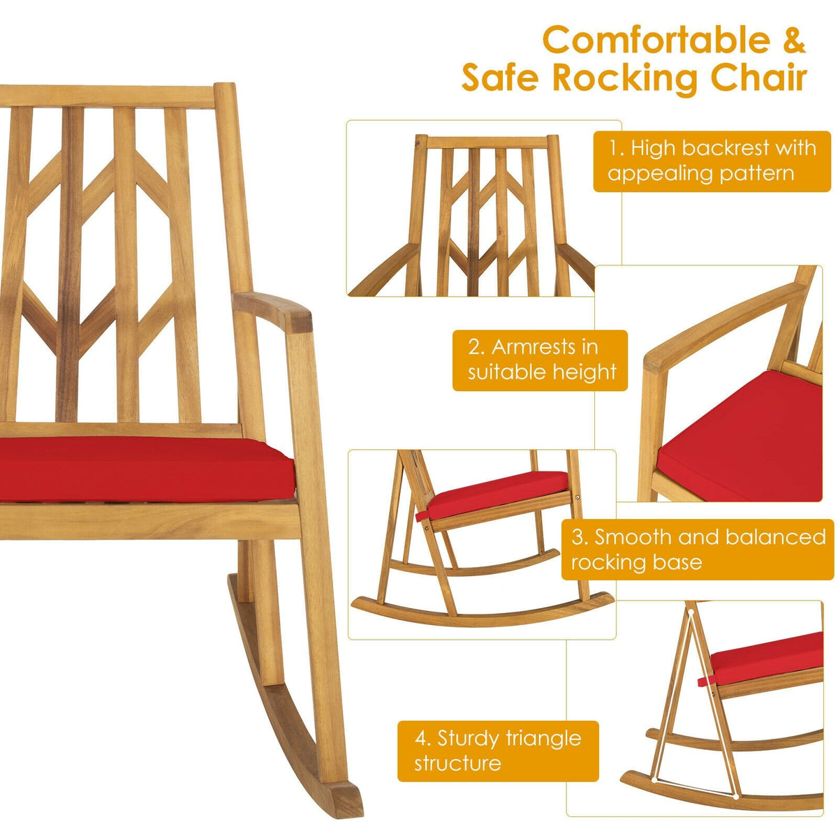 Patio Acacia Wood Rocking Chair Sofa with Armrest and Cushion for Garden and Deck-Red view 5