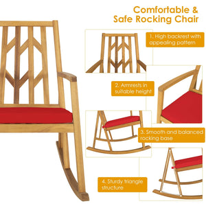 Patio Acacia Wood Rocking Chair Sofa with Armrest and Cushion for Garden and Deck-Red view 5