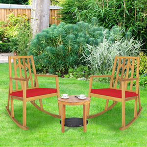 Patio Acacia Wood Rocking Chair Sofa with Armrest and Cushion for Garden and Deck-Red view 6
