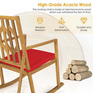 Patio Acacia Wood Rocking Chair Sofa with Armrest and Cushion for Garden and Deck-Red view 8