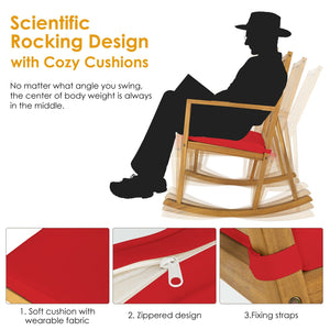Patio Acacia Wood Rocking Chair Sofa with Armrest and Cushion for Garden and Deck-Red view 9
