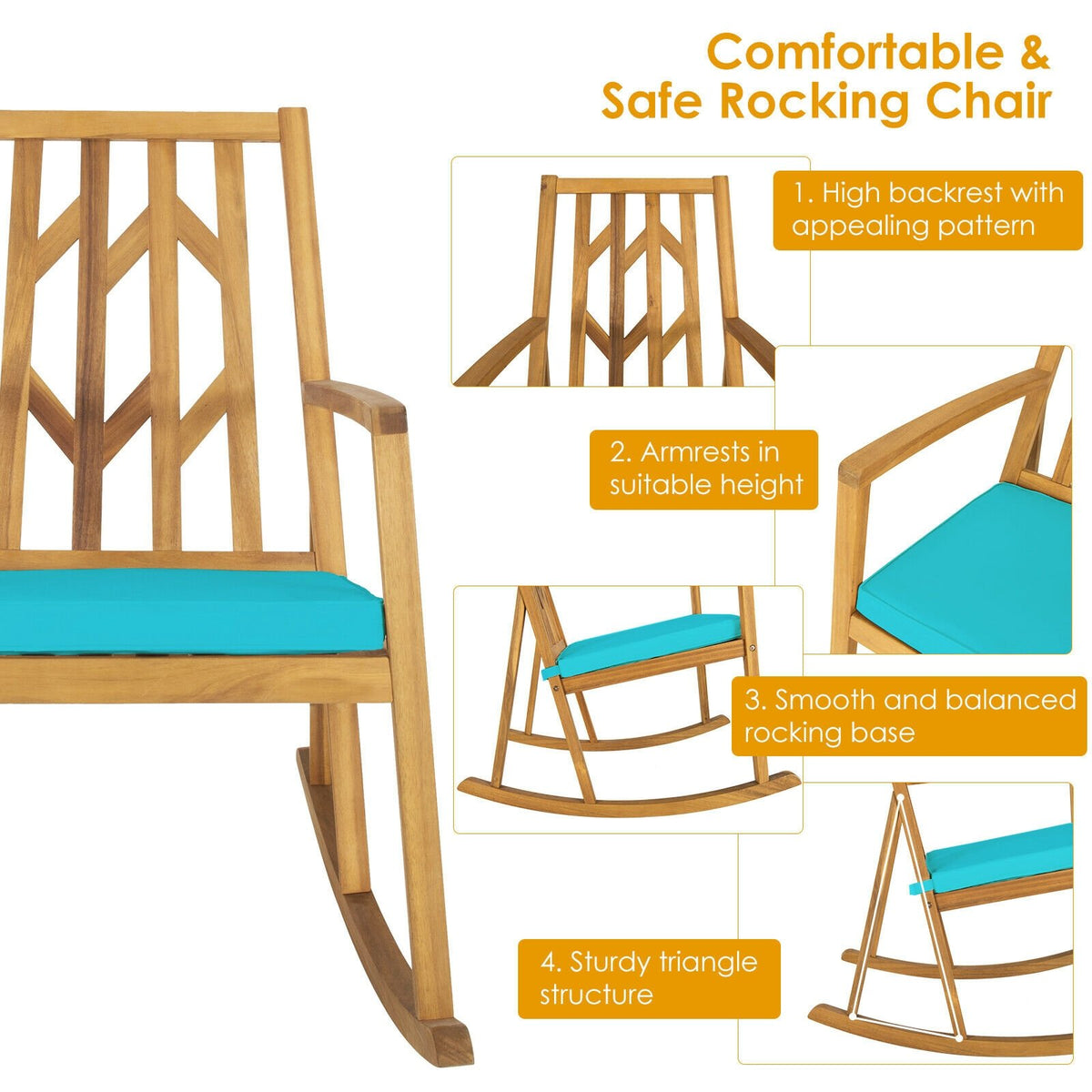 Patio Acacia Wood Rocking Chair Sofa with Armrest and Cushion for Garden and Deck-Turquoise view 5