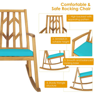 Patio Acacia Wood Rocking Chair Sofa with Armrest and Cushion for Garden and Deck-Turquoise view 5