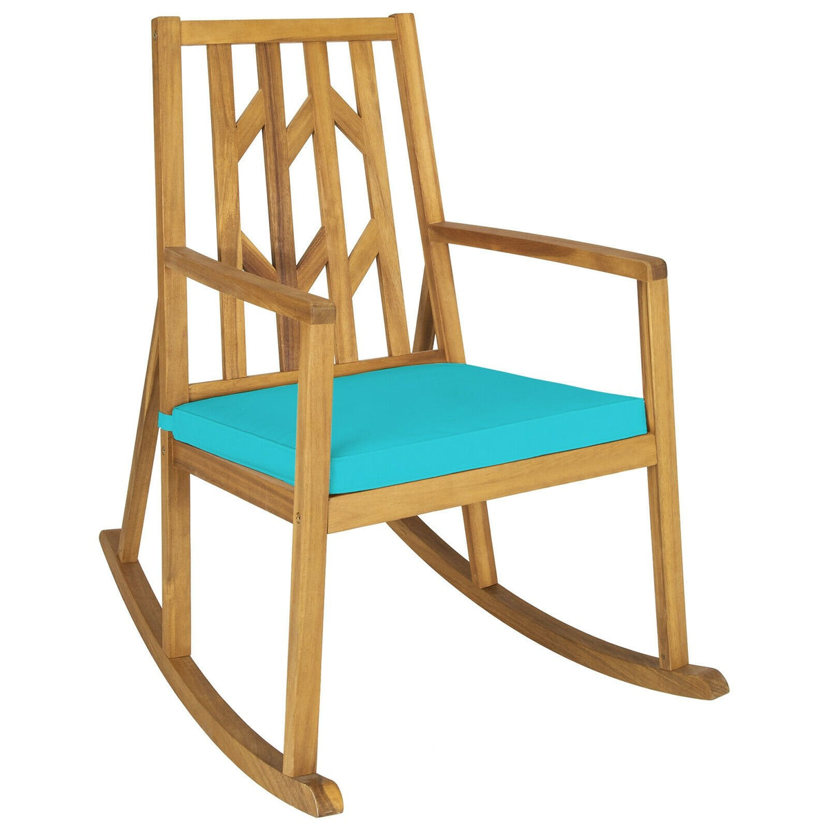 Patio Acacia Wood Rocking Chair Sofa with Armrest and Cushion for Garden and Deck-Turquoise view 7