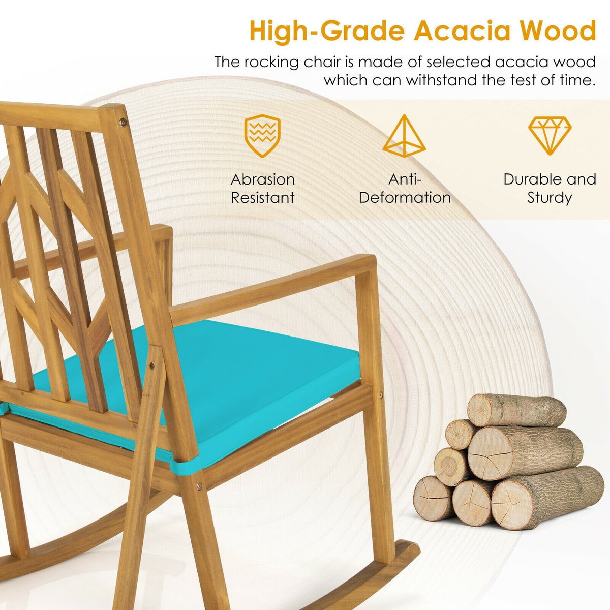 Patio Acacia Wood Rocking Chair Sofa with Armrest and Cushion for Garden and Deck-Turquoise view 8