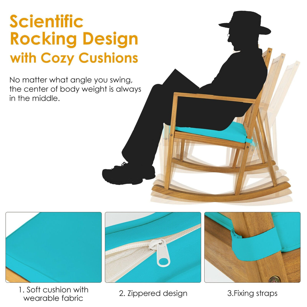 Patio Acacia Wood Rocking Chair Sofa with Armrest and Cushion for Garden and Deck-Turquoise view 9