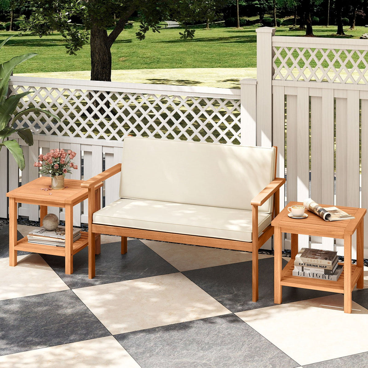 Patio Acacia Wood Side Table Set of 2 with Slatted Tabletop and Storage Shelf view 2