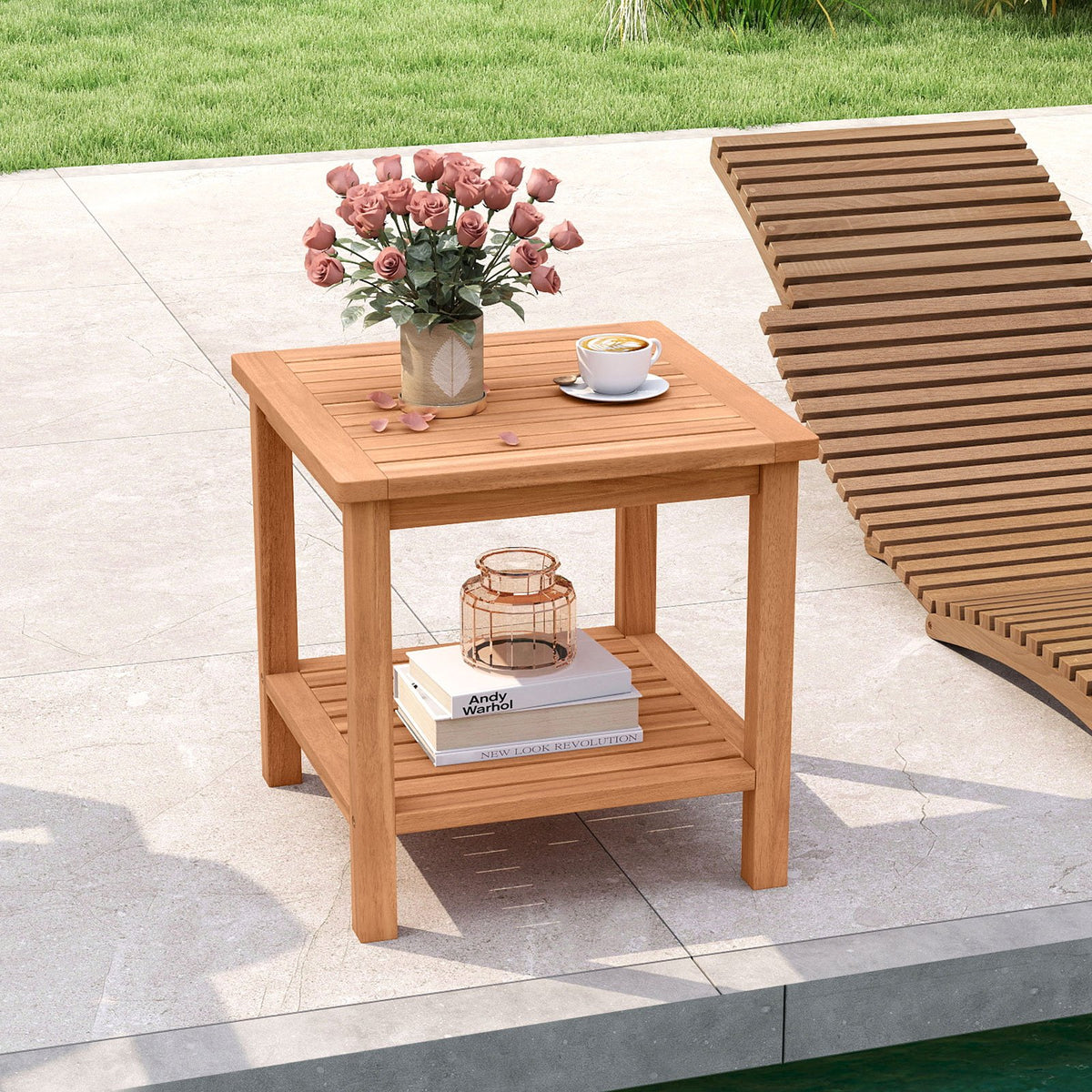 Patio Acacia Wood Side Table with Slatted Tabletop and Storage Shelf view 2