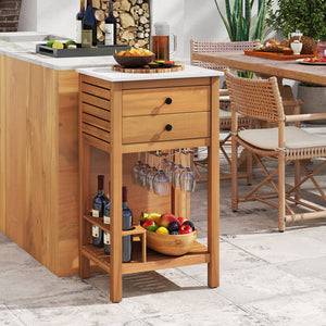 Patio Acacia Wood Storage Cabinet Patio Buffet Cabinet Bar Table with Faux Marble Countertop view 2