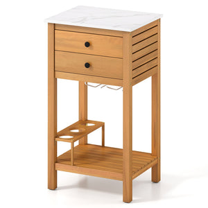 Patio Acacia Wood Storage Cabinet Patio Buffet Cabinet Bar Table with Faux Marble Countertop view 4