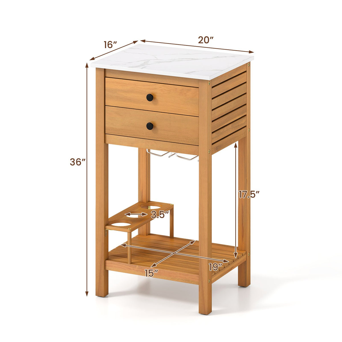 Patio Acacia Wood Storage Cabinet Patio Buffet Cabinet Bar Table with Faux Marble Countertop view 5