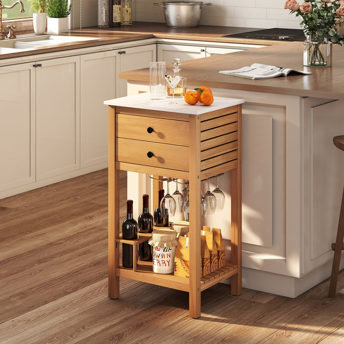 Patio Acacia Wood Storage Cabinet Patio Buffet Cabinet Bar Table with Faux Marble Countertop view 6