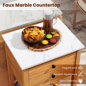 Patio Acacia Wood Storage Cabinet Patio Buffet Cabinet Bar Table with Faux Marble Countertop view 7