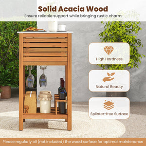 Patio Acacia Wood Storage Cabinet Patio Buffet Cabinet Bar Table with Faux Marble Countertop view 8