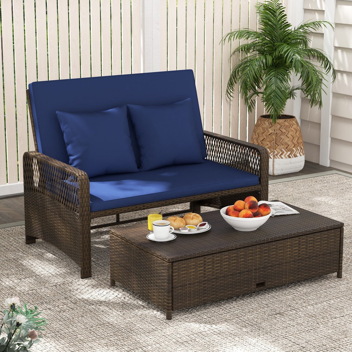 Patio Adjustable Wicker Daybed with 4-Level Backrest and Soft Cushions-Navy view 6