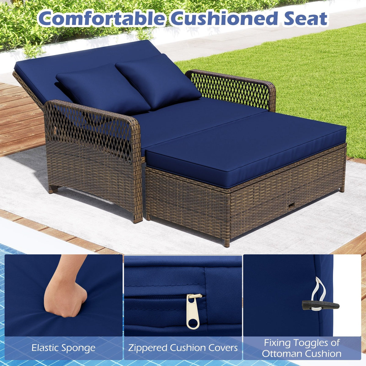 Patio Adjustable Wicker Daybed with 4-Level Backrest and Soft Cushions-Navy view 8