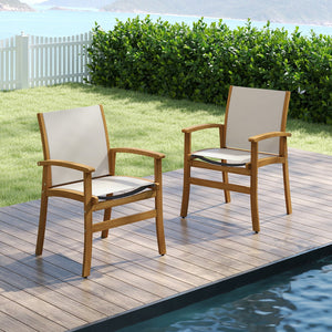 Patio Chairs Set of 2 Acacia Wood Armchairs with Breathable Fabric Back and Seat-Yellow view 2