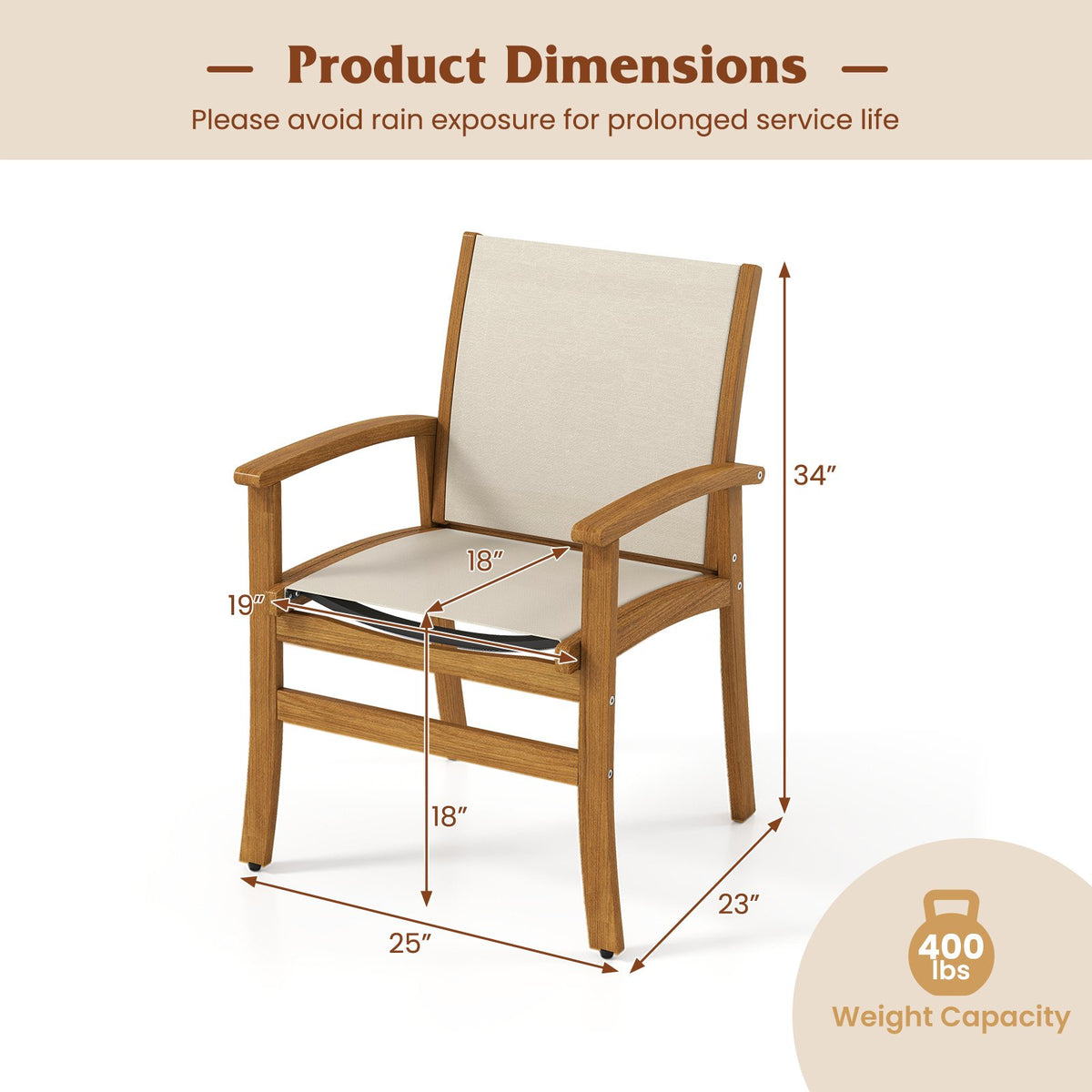 Patio Chairs Set of 2 Acacia Wood Armchairs with Breathable Fabric Back and Seat-Yellow view 4
